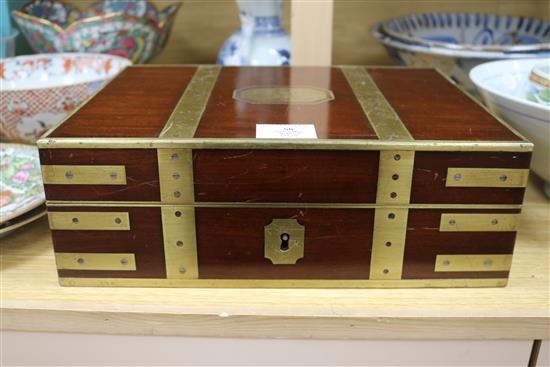 A 19th century mahogany and brass bound pistol box, adapted interior 25 x 33cm